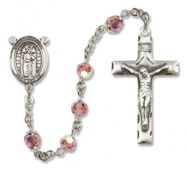 St. Matthias the Apostle Sterling Silver Heirloom Rosary Squared Crucifix - Light Rose