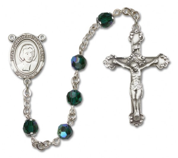 St. John Baptist de la Salle Sterling Silver Heirloom Rosary Fancy Crucifix - Emerald Green