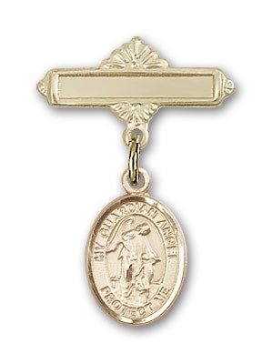 Pin Badge with Guardian Angel Charm and Polished Engravable Badge Pin - Gold Tone