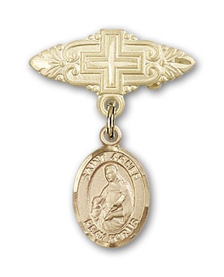 Pin Badge with St. Agnes of Rome Charm and Badge Pin with Cross - 14K Solid Gold