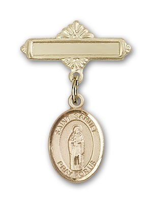 Pin Badge with St. Samuel Charm and Polished Engravable Badge Pin - Gold Tone