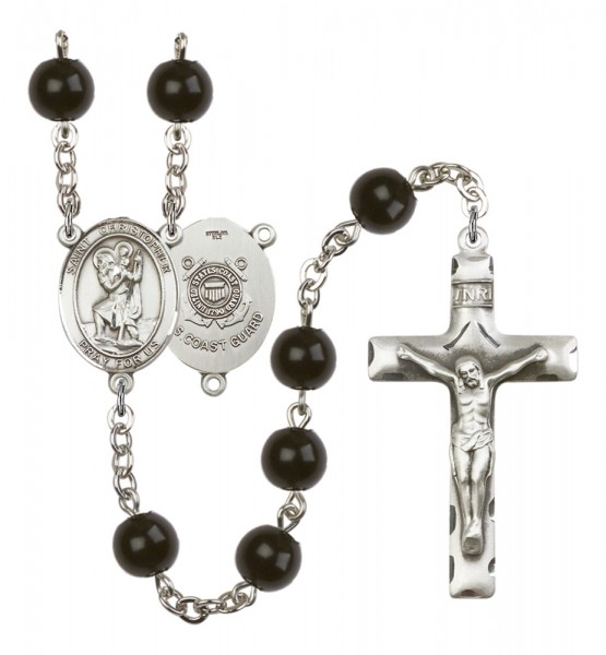 Men's St. Christopher Coast Guard Silver Plated Rosary - Black