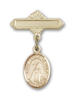 Pin Badge with St. Teresa of Avila Charm and Polished Engravable Badge Pin - 14K Solid Gold