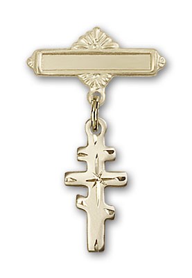 Pin Badge with Greek Orthadox Cross Charm and Polished Engravable Badge Pin - Gold Tone