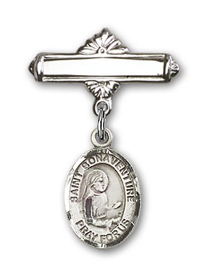 Pin Badge with St. Bonaventure Charm and Polished Engravable Badge Pin - Silver tone