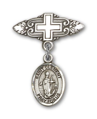 Pin Badge with St. Clement Charm and Badge Pin with Cross - Silver tone