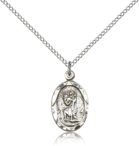 Women's Medium Size Oval St. Christopher Necklace - Sterling Silver