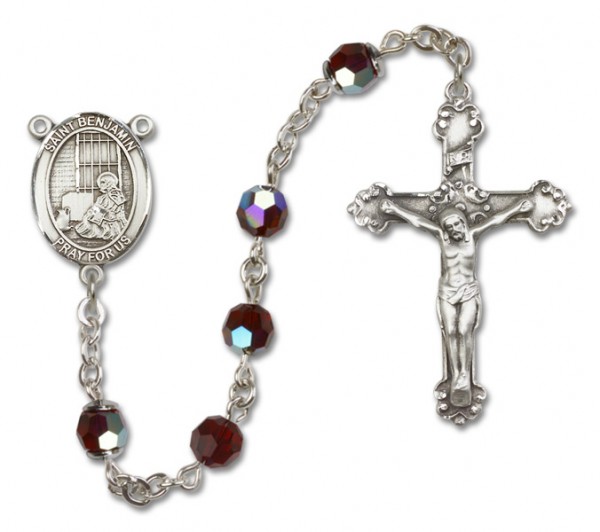 St. Benjamin Sterling Silver Heirloom Rosary Fancy Crucifix - Garnet