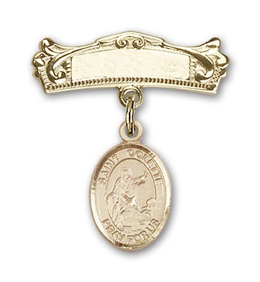 Pin Badge with St. Colette Charm and Arched Polished Engravable Badge Pin - 14K Solid Gold