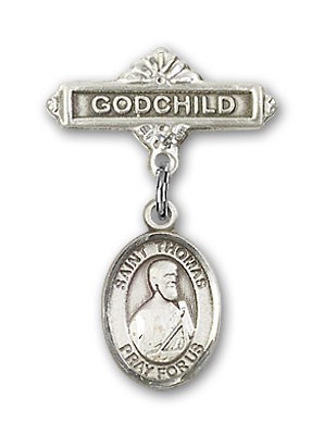 Pin Badge with St. Thomas the Apostle Charm and Godchild Badge Pin - Silver tone