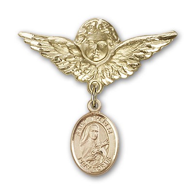 Pin Badge with St. Therese of Lisieux Charm and Angel with Larger Wings Badge Pin - 14K Solid Gold