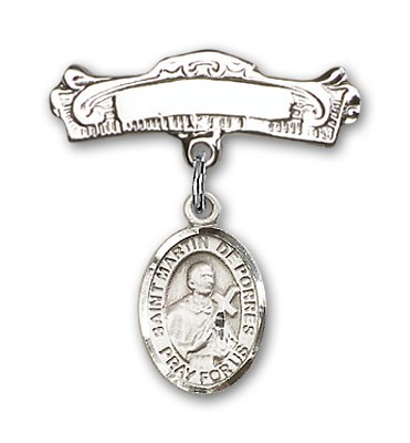 Pin Badge with St. Martin de Porres Charm and Arched Polished Engravable Badge Pin - Silver tone