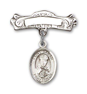 Pin Badge with St. Sarah Charm and Arched Polished Engravable Badge Pin - Silver tone