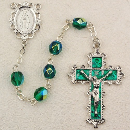 May Birthstone Rosary (Emerald) - Rhodium Plated - Emerald Green