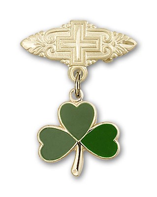 Pin Badge with Shamrock Charm and Badge Pin with Cross - Gold Tone