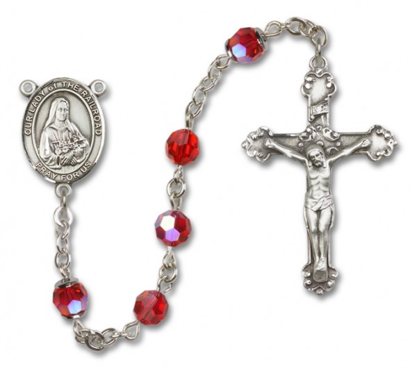 Our Lady of the Railroad Sterling Silver Heirloom Rosary Fancy Crucifix - Ruby Red