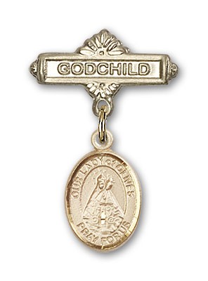 Baby Badge with Our Lady of Olives Charm and Godchild Badge Pin - Gold Tone