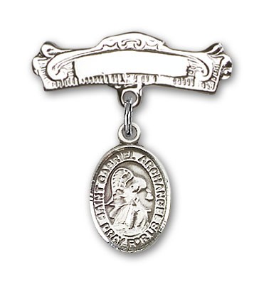 Pin Badge with St. Gabriel the Archangel Charm and Arched Polished Engravable Badge Pin - Silver tone