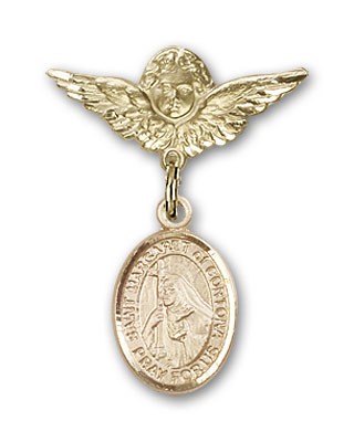 Pin Badge with St. Margaret of Cortona Charm and Angel with Smaller Wings Badge Pin - 14K Solid Gold