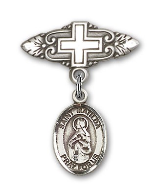 Pin Badge with St. Matilda Charm and Badge Pin with Cross - Silver tone