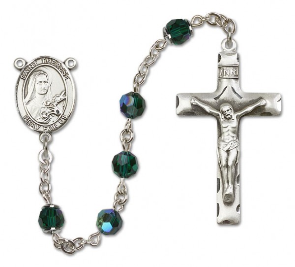 St. Therese of Lisieux Sterling Silver Heirloom Rosary Squared Crucifix - Emerald Green