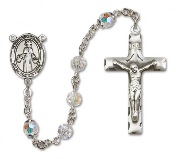St. Nino de Atocha Sterling Silver Heirloom Rosary Squared Crucifix - Crystal