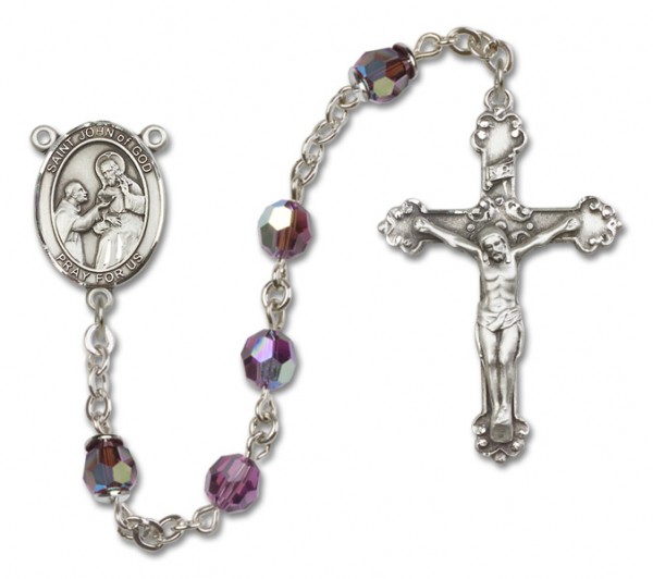 St. John of God Sterling Silver Heirloom Rosary Fancy Crucifix - Amethyst