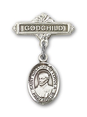 Pin Badge with St. Ignatius Charm and Godchild Badge Pin - Silver tone