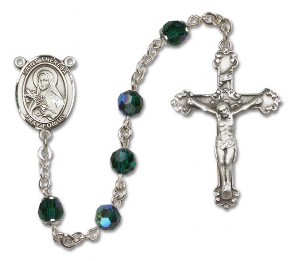 St. Theresa Sterling Silver Heirloom Rosary Fancy Crucifix - Emerald Green