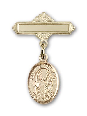 Pin Badge with St. Genevieve Charm and Polished Engravable Badge Pin - 14K Solid Gold