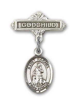 Pin Badge with St. Rachel Charm and Godchild Badge Pin - Silver tone