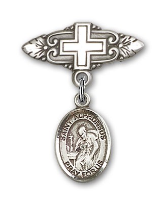 Pin Badge with St. Alphonsus Charm and Badge Pin with Cross - Silver tone