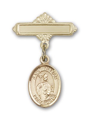 Pin Badge with St. Kilian Charm and Polished Engravable Badge Pin - 14K Solid Gold