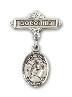 Pin Badge with St. Edwin Charm and Godchild Badge Pin - Silver tone