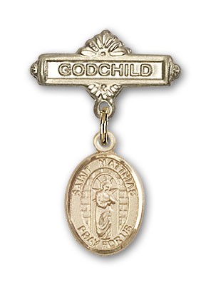 Pin Badge with St. Matthias the Apostle Charm and Godchild Badge Pin - 14K Solid Gold
