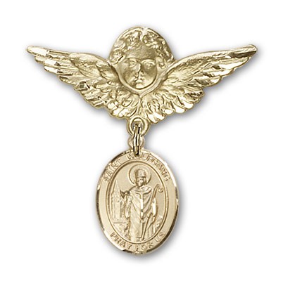 Pin Badge with St. Wolfgang Charm and Angel with Larger Wings Badge Pin - Gold Tone