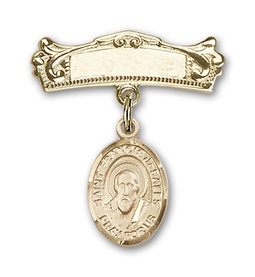 Pin Badge with St. Francis de Sales Charm and Arched Polished Engravable Badge Pin - 14K Solid Gold