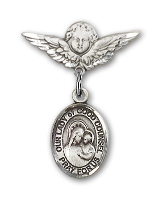 Pin Badge with Our Lady of Good Counsel Charm and Angel with Smaller Wings Badge Pin - Silver tone