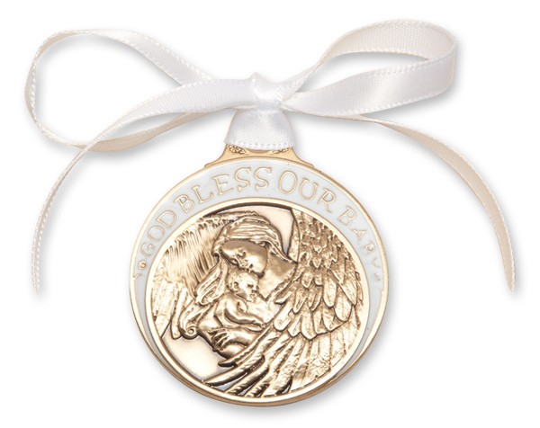 White Ribbon Guardian Angel Crib Medal in Brass - White | Gold