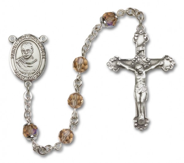 St. Maximilian Kolbe Sterling Silver Heirloom Rosary Fancy Crucifix - Topaz