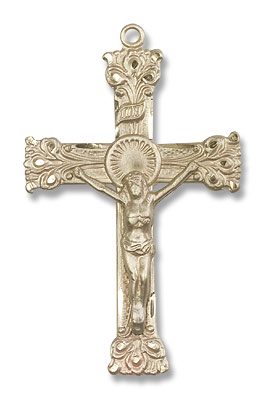 Block Tip Fleur de Lis Crucifix Medal - 14K Solid Gold