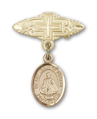 Pin Badge with Infant of Prague Charm and Badge Pin with Cross - 14K Solid Gold