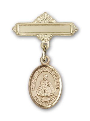 Pin Badge with Infant of Prague Charm and Polished Engravable Badge Pin - Gold Tone