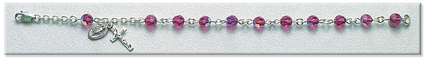 Rosary Bracelet - Sterling Silver with 6mm Fuchsia Crystal Swarovski Beads - Pink