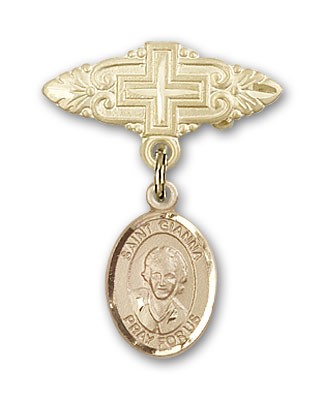 Pin Badge with St. Gianna Beretta Molla Charm and Badge Pin with Cross - 14K Solid Gold