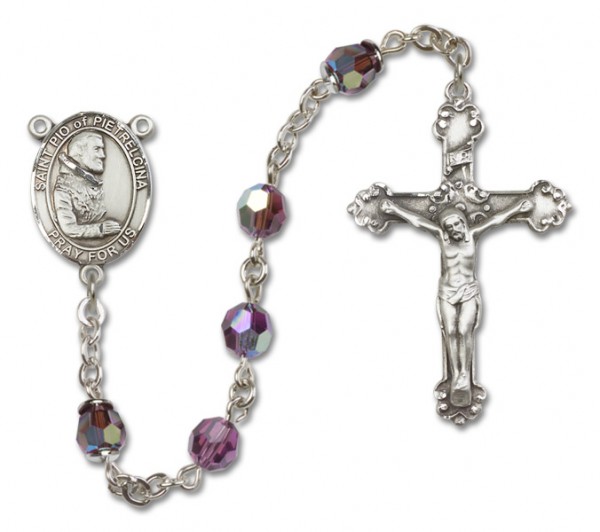 St. Pio of Pietrelcina Sterling Silver Heirloom Rosary Fancy Crucifix - Amethyst