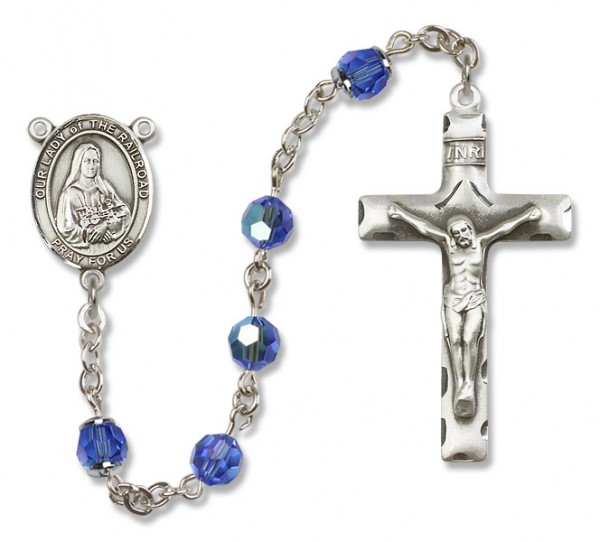 Our Lady of the Railroad Sterling Silver Heirloom Rosary Squared Crucifix - Sapphire