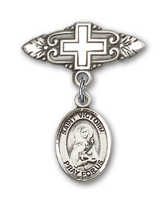 Pin Badge with St. Victoria Charm and Badge Pin with Cross - Silver tone