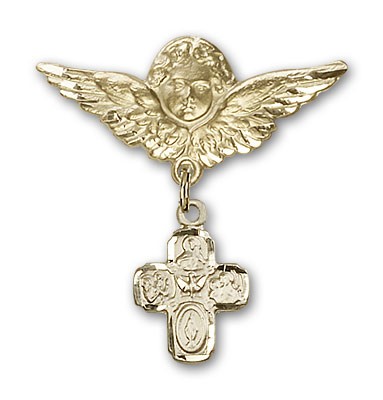 Pin Badge with 4-Way Charm and Angel with Larger Wings Badge Pin - 14K Solid Gold
