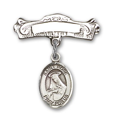 Pin Badge with St. Rose of Lima Charm and Arched Polished Engravable Badge Pin - Silver tone